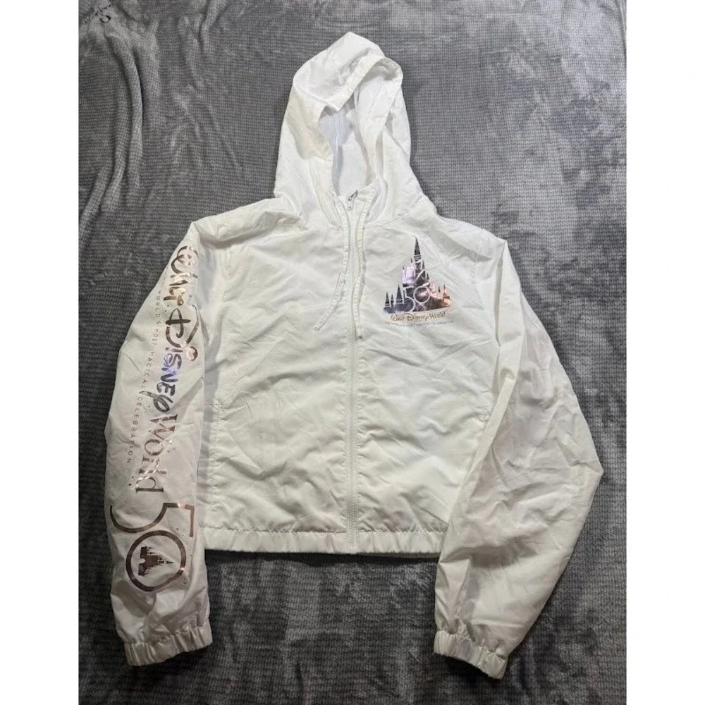 Disney World 50th Anniversary Windbreaker Jacket White Iridescent Rose Gold L